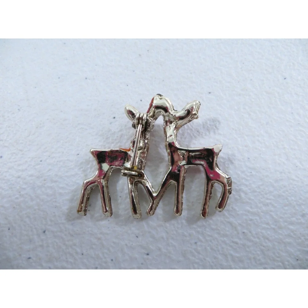 Vintage Enamel Metal 2 Deer Fawn Brooch Pin Gold‎ Tone 1.25
